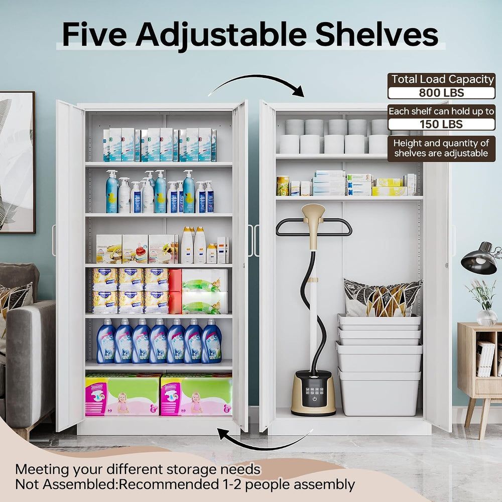 71" H Metal Storage Cabinet with Lock, White Garage Cabinets with 2 Door...