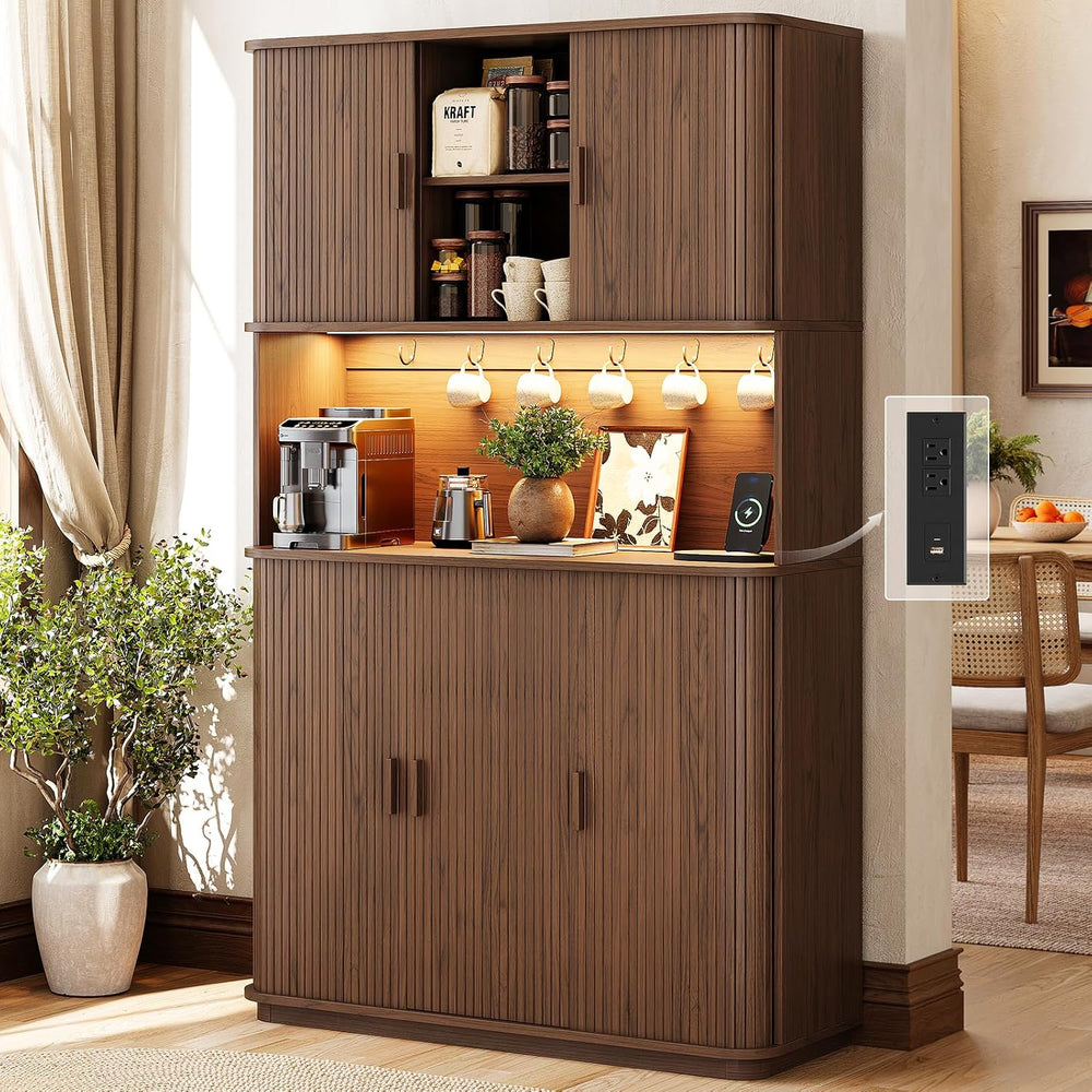 71" Fluted Kitchen Pantry Cabinet Sliding Door, LED Light/Outlet