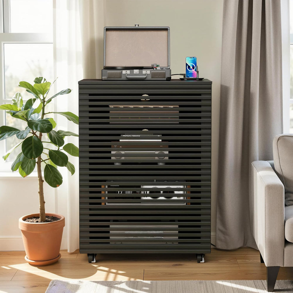 PAKASEPT AV Media Cabinet, 5-Tier AV Media Stand with Grille Door and Adjusta...