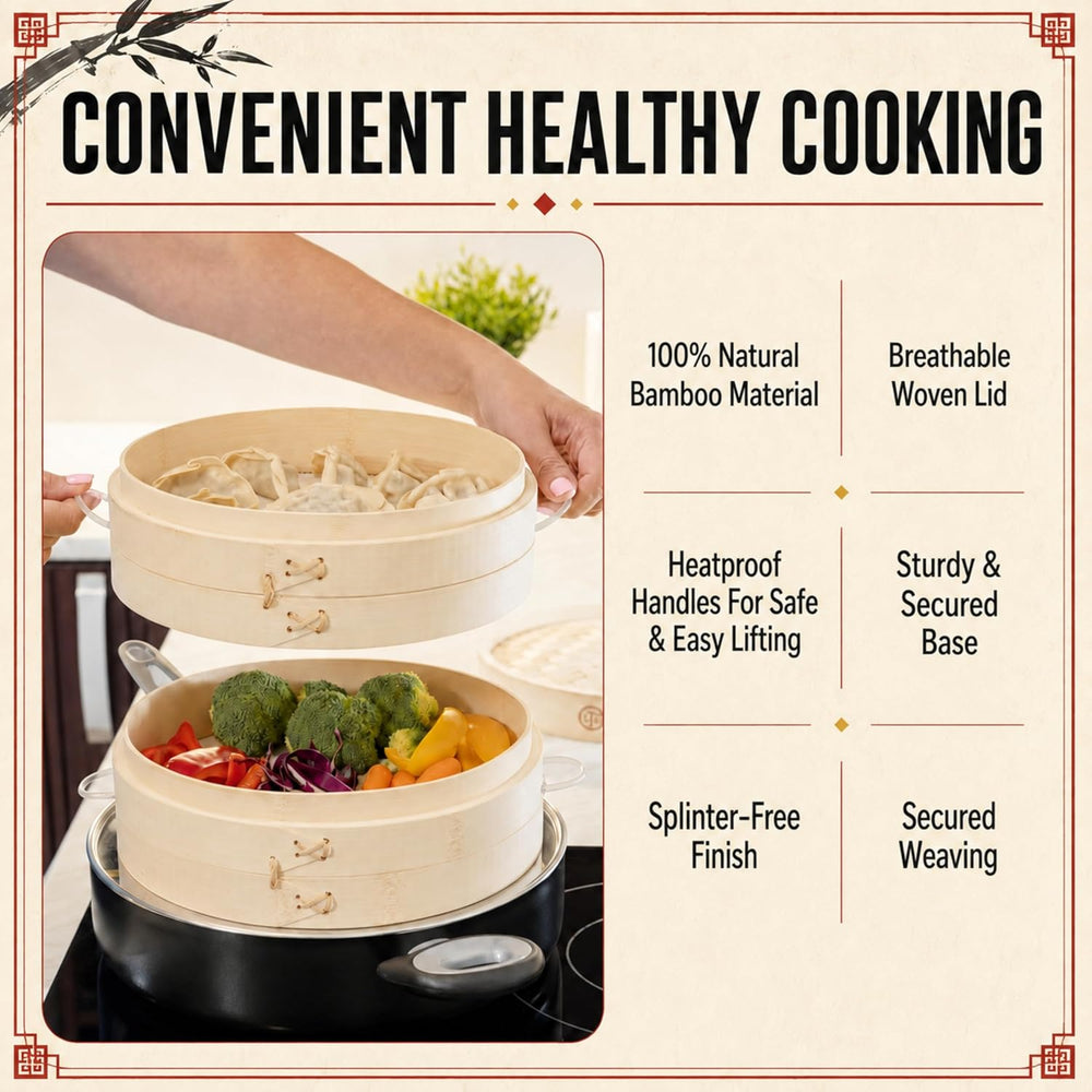 Bamboo Steamer Basket 10 Inch Extra Deep Easy Lift Handles Dumpling Steamer