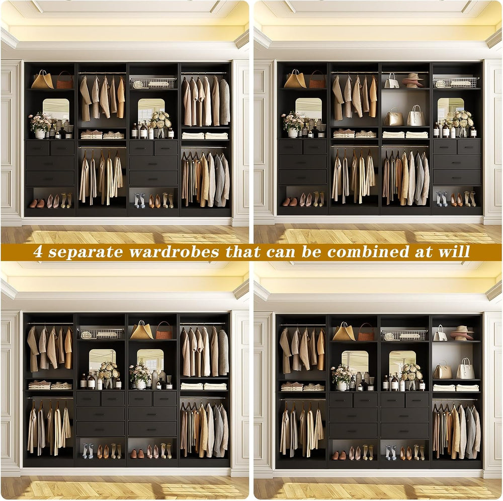 Unikito 100” Closet System with Drawers, 8.3FT Wood Closet Organizer with Han...