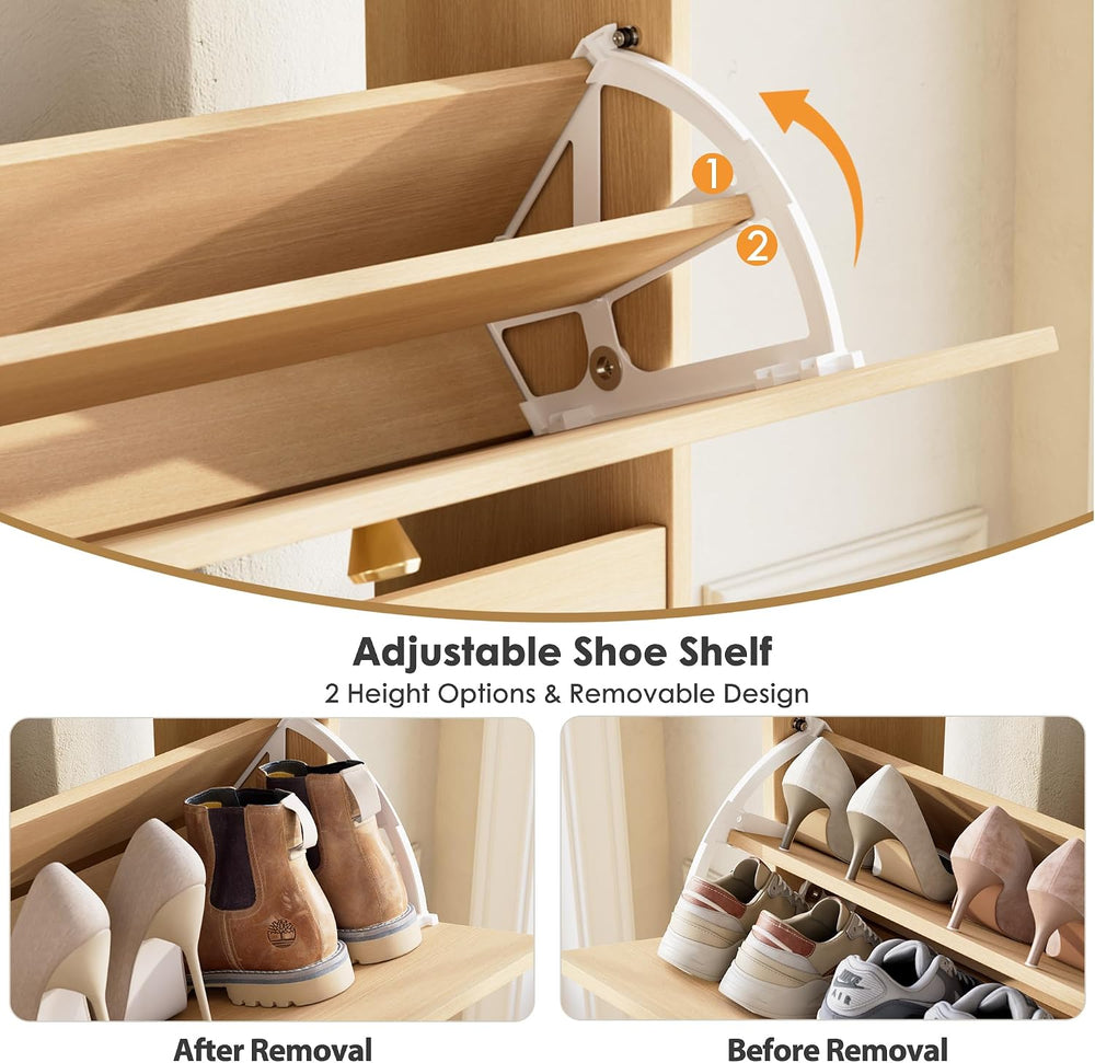 Nicetree Shoe Cabinet with 3 Flip Drawers, Entryway Storage, Natural Oak