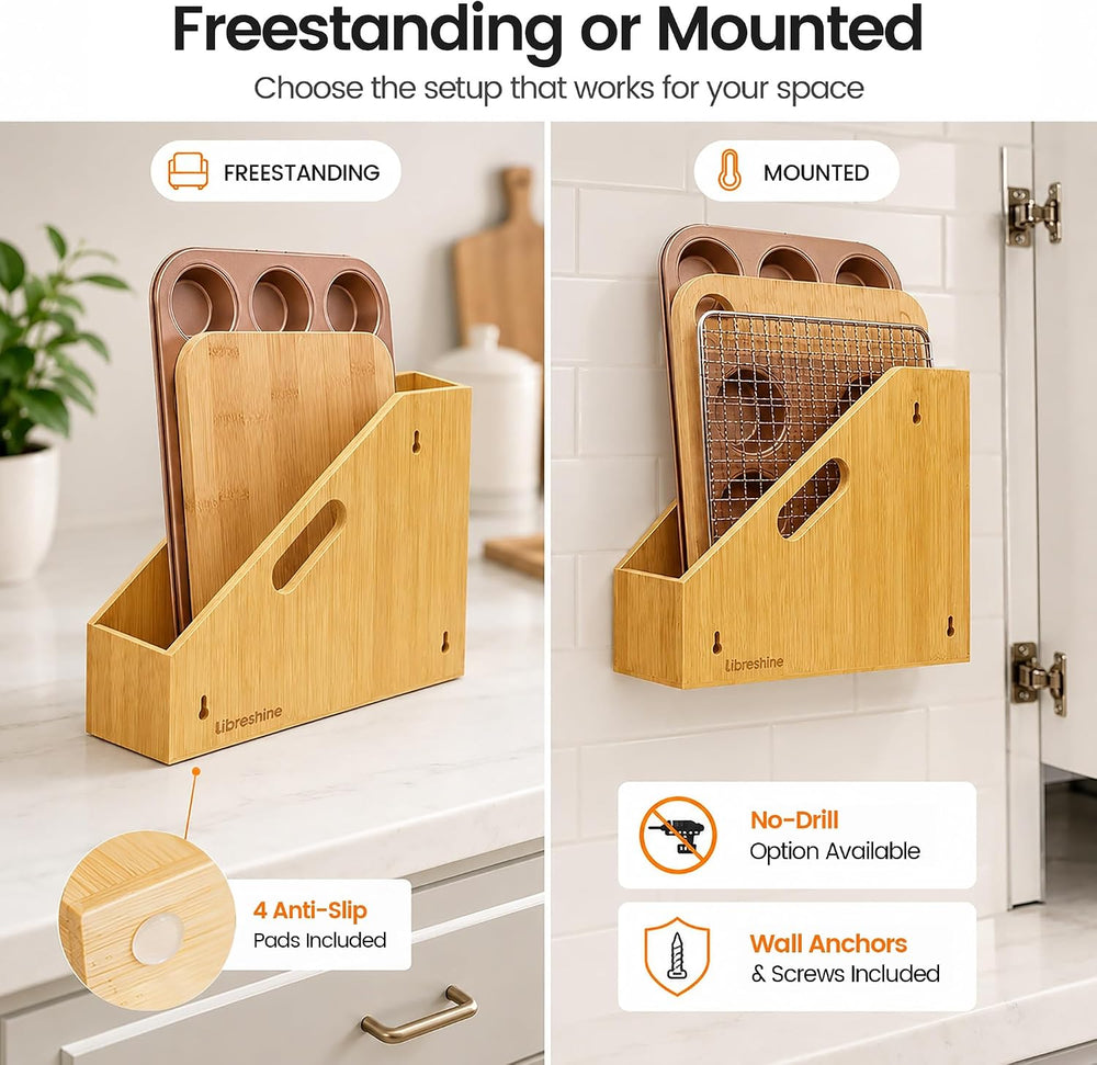 Slim Bamboo Cutting Board Holder & Baking Sheet Organizer