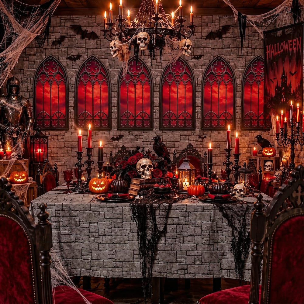 Tegeme 200Ft x 54 in Halloween Gothic Backdrop Roll Castle Brick Tablecloth