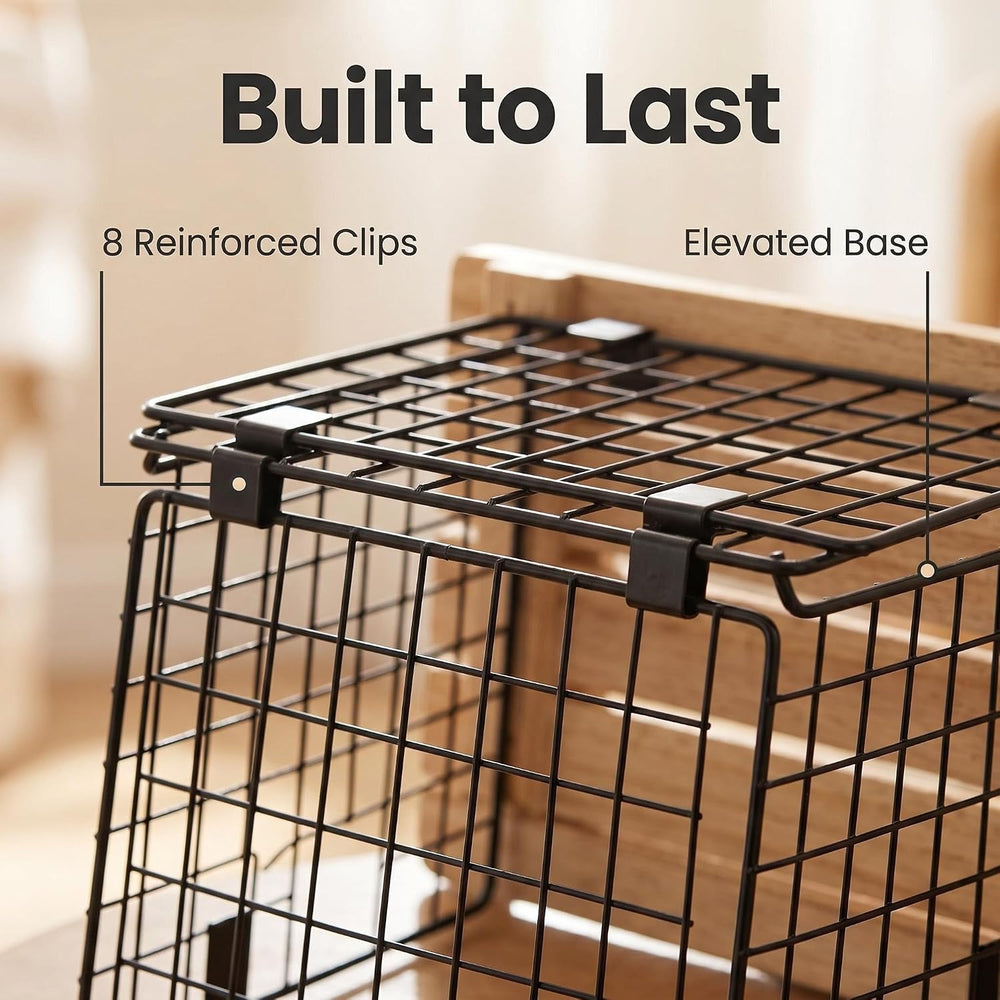 2 Wire Storage Basket with Bamboo Shelf for Fruits Vegetables and Spices