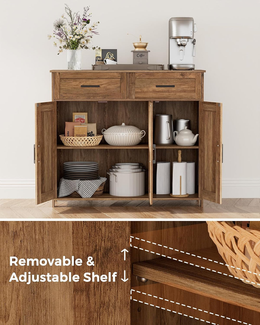 Coffee Bar Storage Cabinet with Drawers, Kitchen Buffet Cabinet