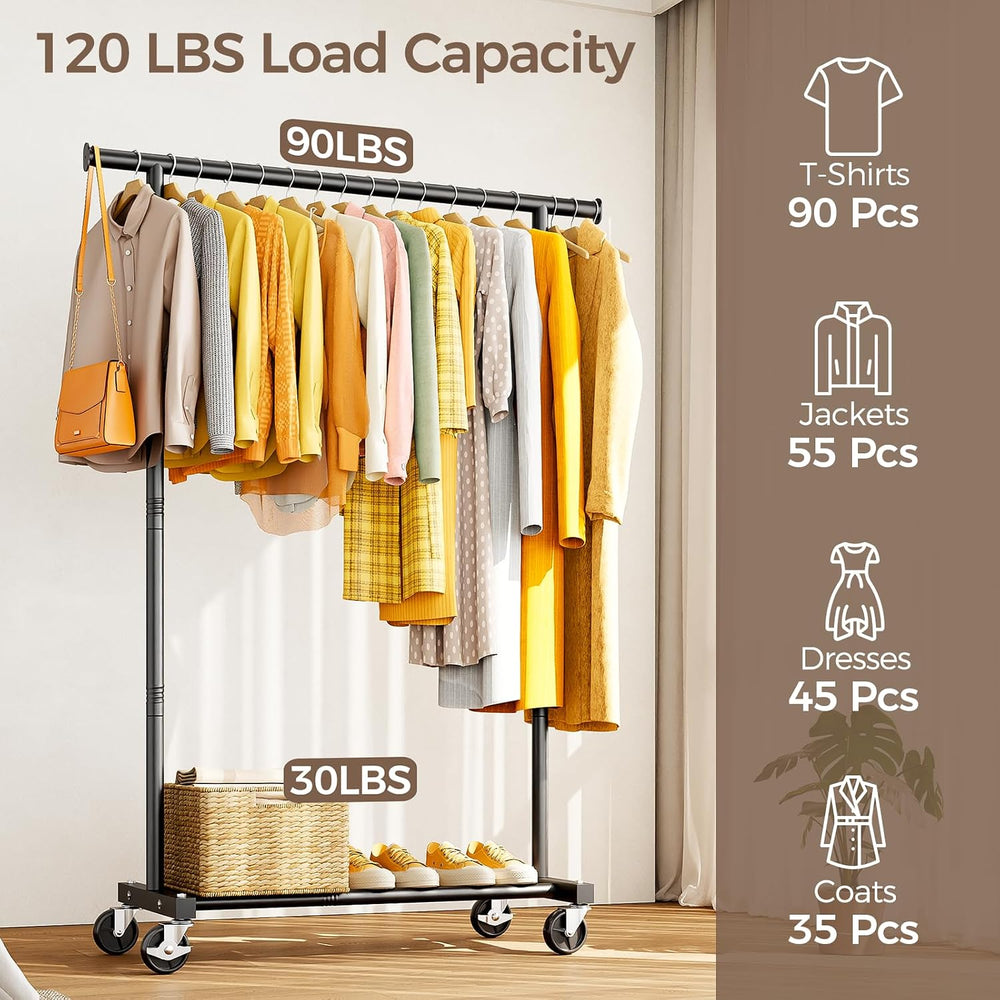 Clothes Rack, Rolling Clothing Rack for Hanging Clothes, Metal Garment Rack