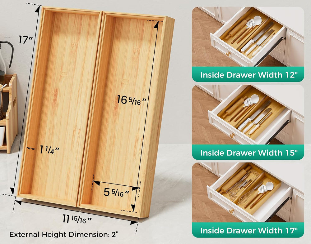 Long Bamboo Kitchen Drawer Organizer Boxes 17" x 6" Wood Pantry Org...