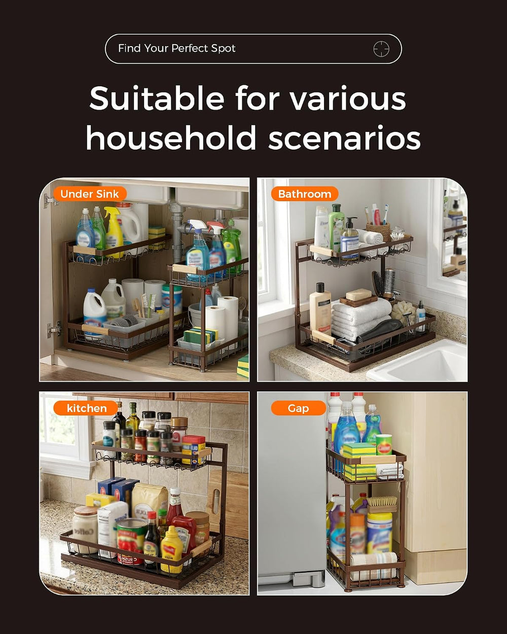 2-Pack 2-Tier Height Adjustable Under Sink Organizer & Storage