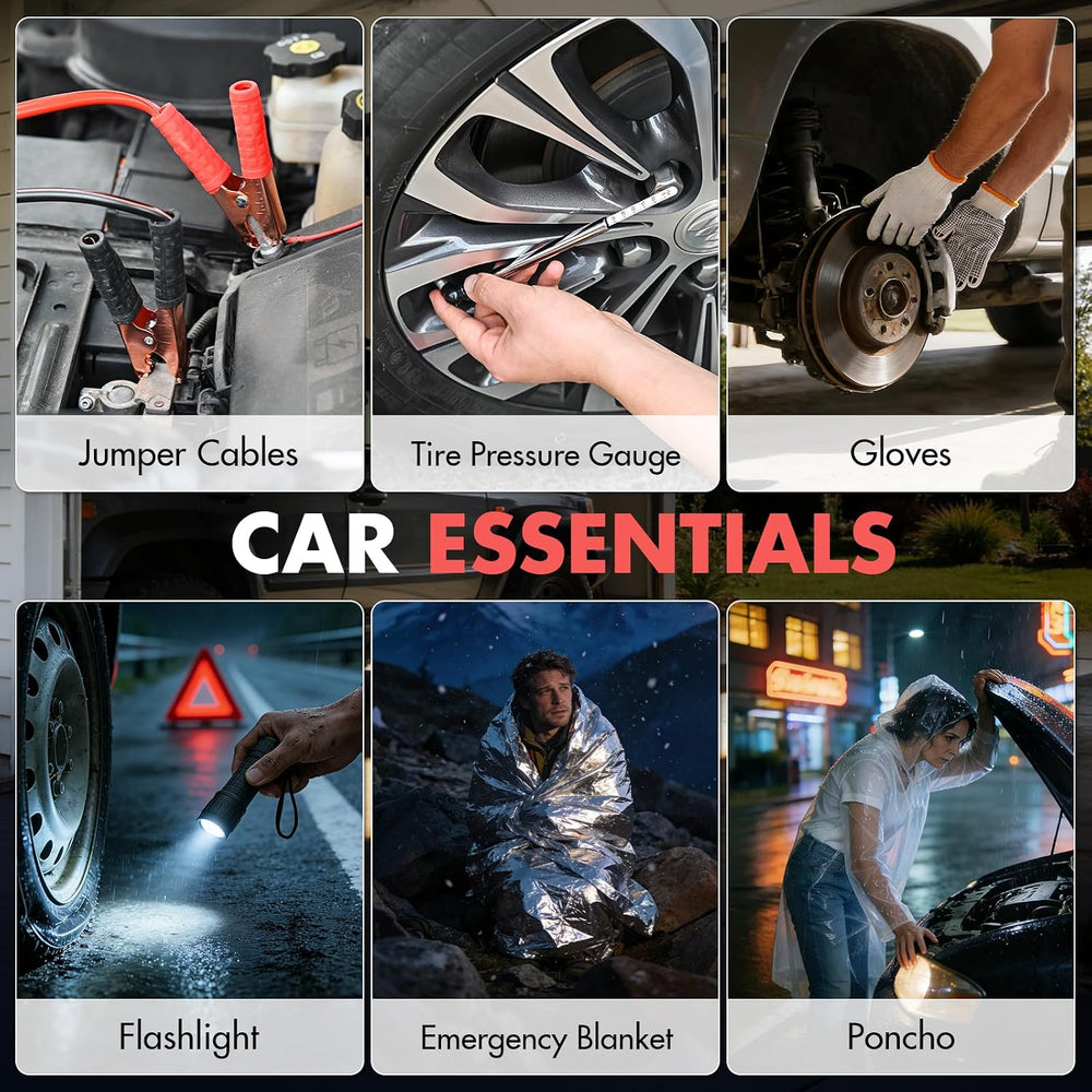 Car Emergency Safety Kit Bag with Jumper Cables, Tire Pressure Gauge, Auto Ve...
