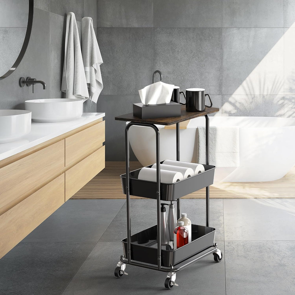 Simple Houseware 2-Tier Utility Cart Wood Top/Lockable Wheel, Rustic Brown