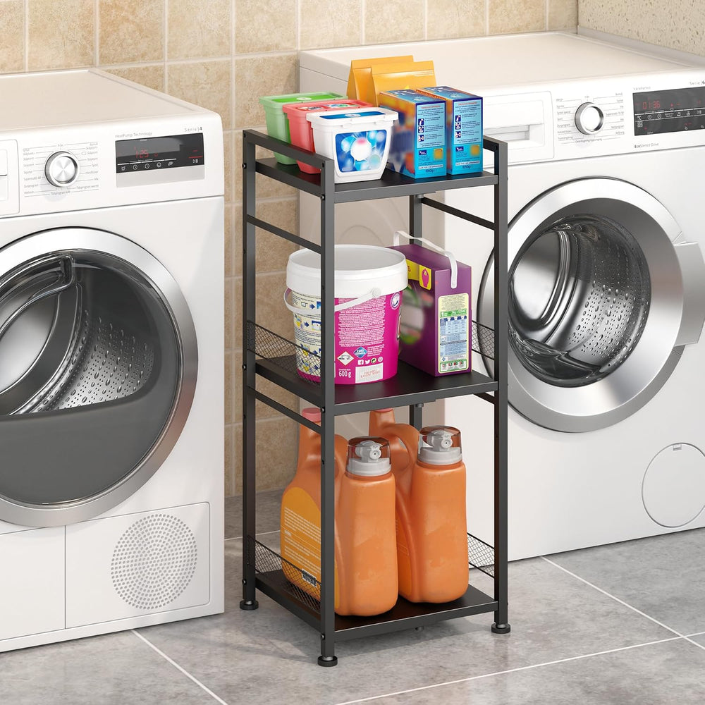 3-Tier-Narrow-Metal-Shelving-Unit, Expandable Bathroom Laundry Shelves