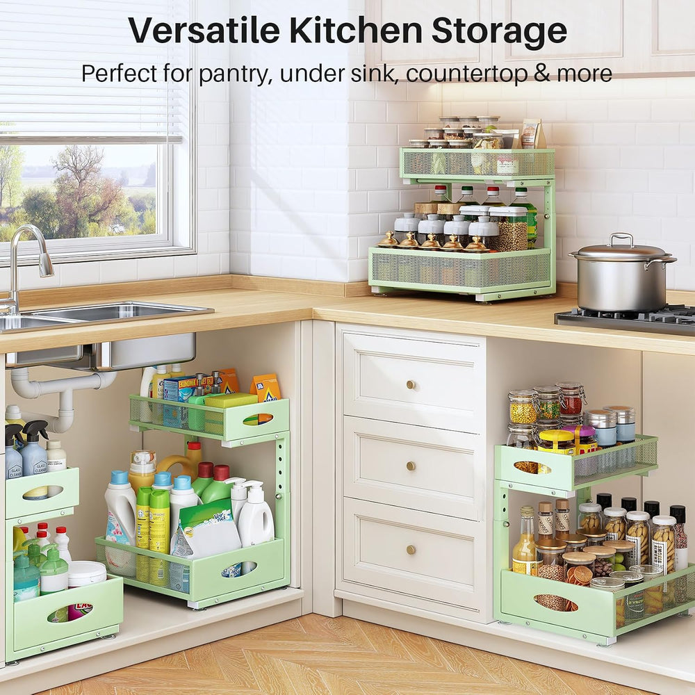 Under Sink Organizer, 2 Tier Pull Out Under Cabinet Organizer Shelf with Pad ...
