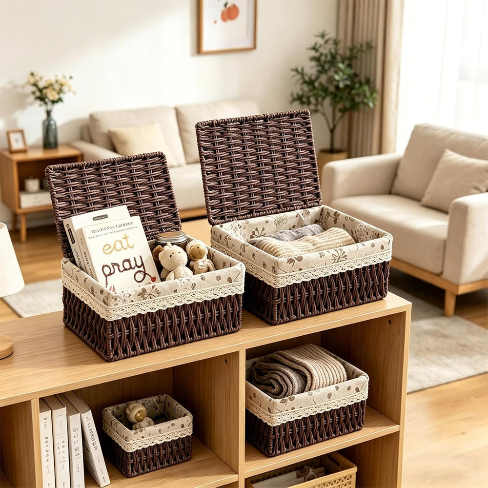Wicker Storage Baskets with Lids, Set of 3 Nesting Natural Rattan Organizer B...