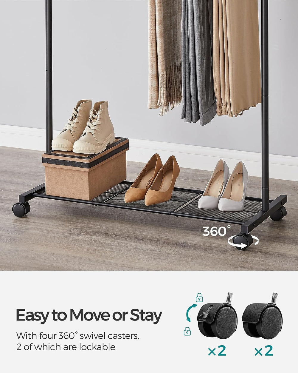 SONGMICS Clothes Rack with Wheels, Metal Garment Rack, Mesh Storage Shelf