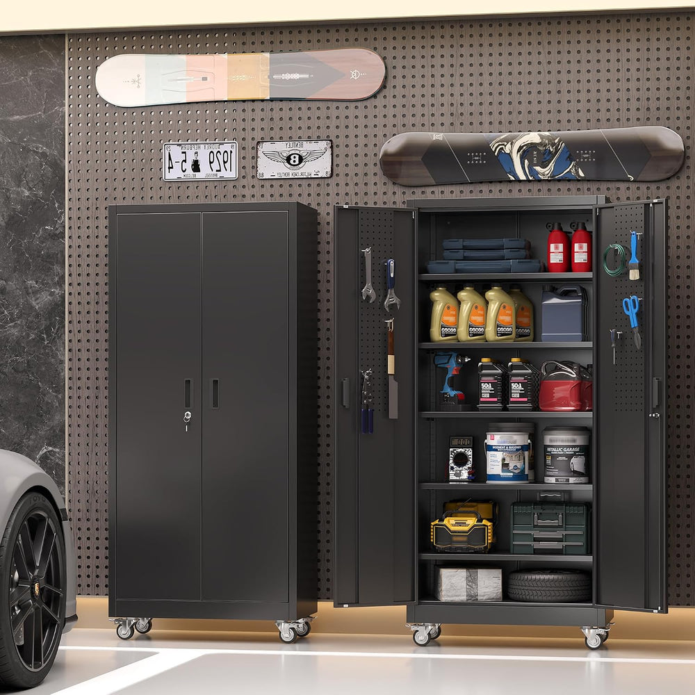 71" Metal Storage Cabinet with Wheels, 5 Adjustable Shelves, Black