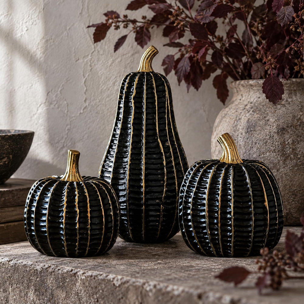 Parsin 3 Pcs Black & Gold Resin Pumpkin Decorations for Fall and Halloween