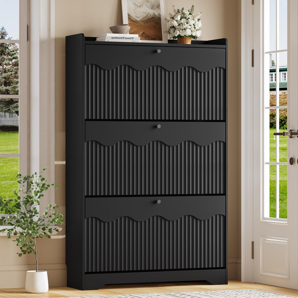 BORNOON Shoe Storage Cabinet with 3 Flip Drawers and Modern Wave-Edge Fluted ...