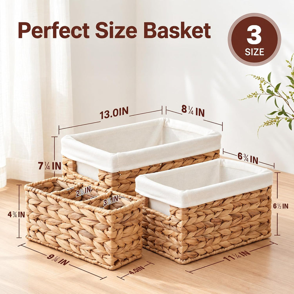 Wicker Basket, 3 Pack Wicker Storage Baskets for Shelves, Water Hyacinth
