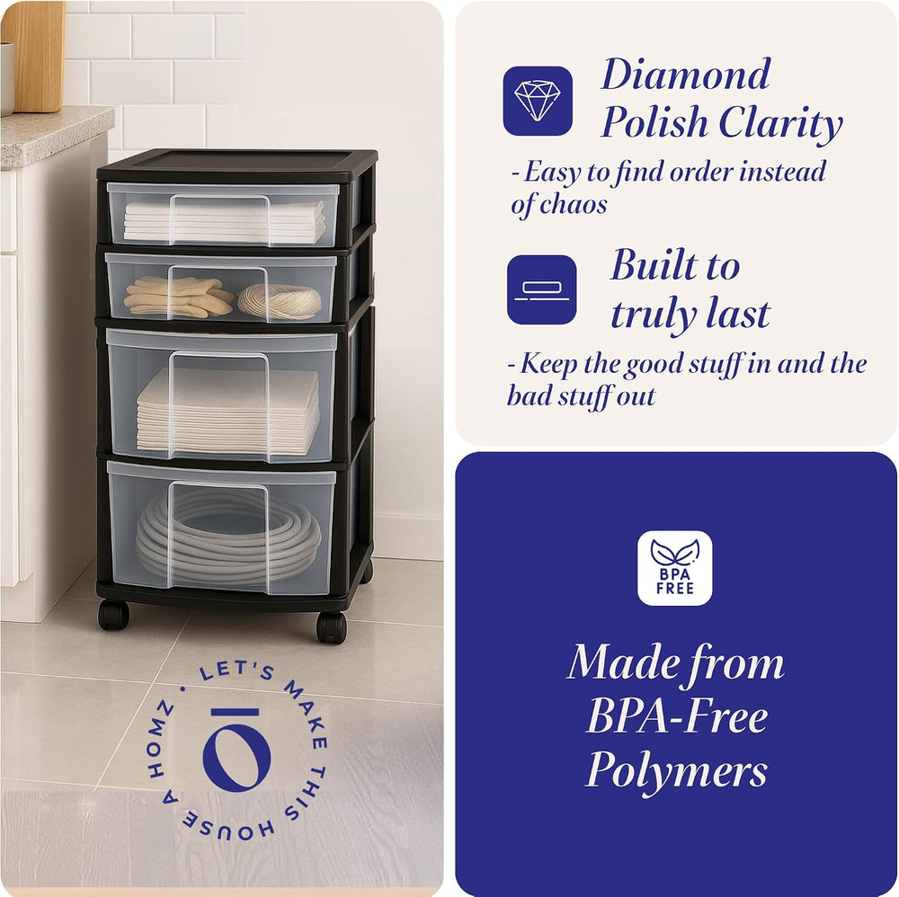 HOMZ Drawer Tower, 4-Tier Storage Cart with Removable Wheels, Black Frame