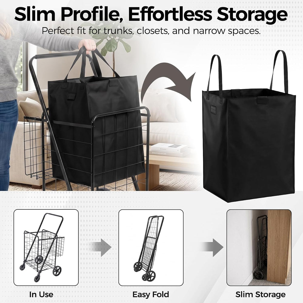 Foldable Shopping Utility Cart Portable Grocery Cart with 360° Whees Double W...