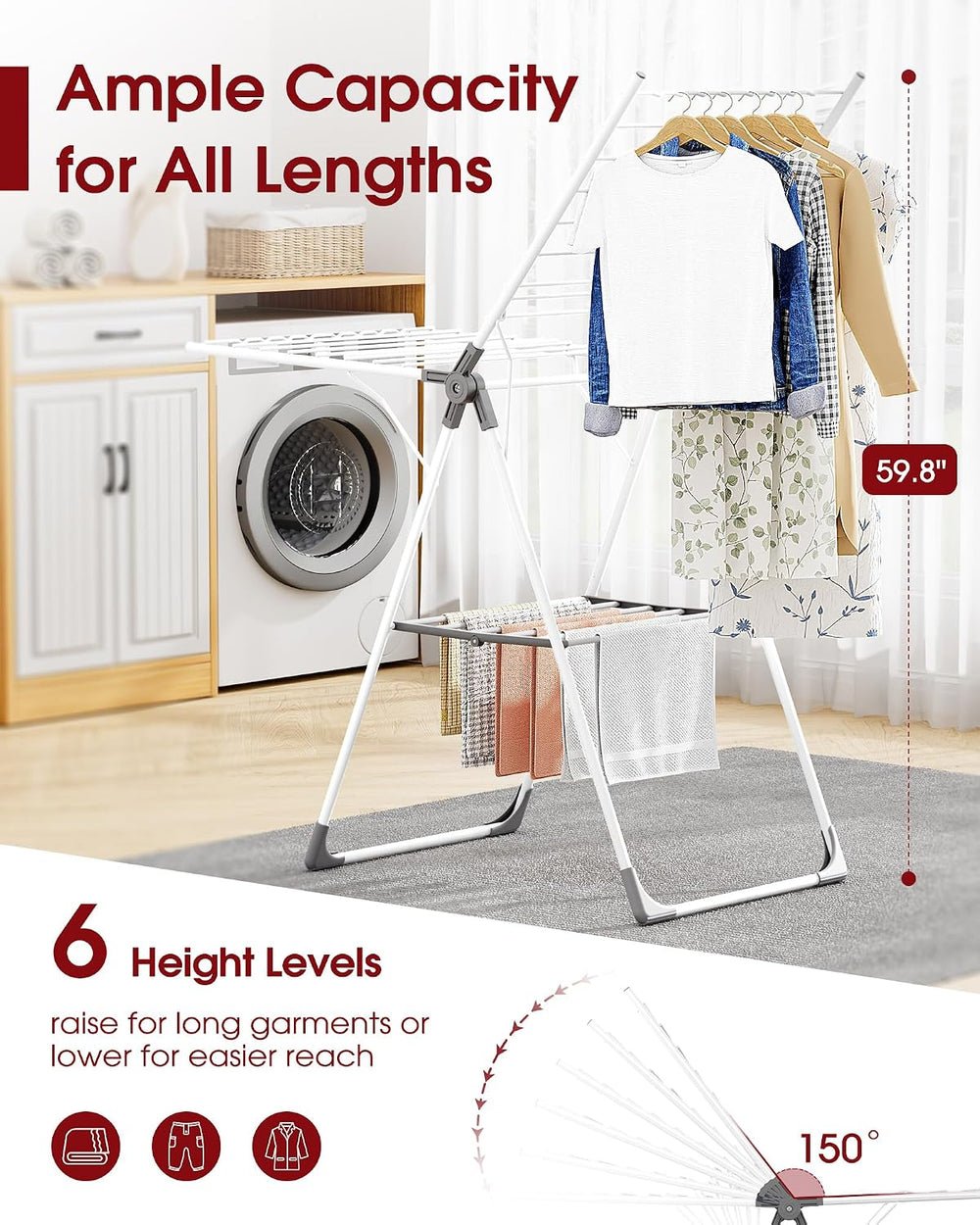 Clothes Drying Rack, 55.5" Adjustable Wings, Foldable Design