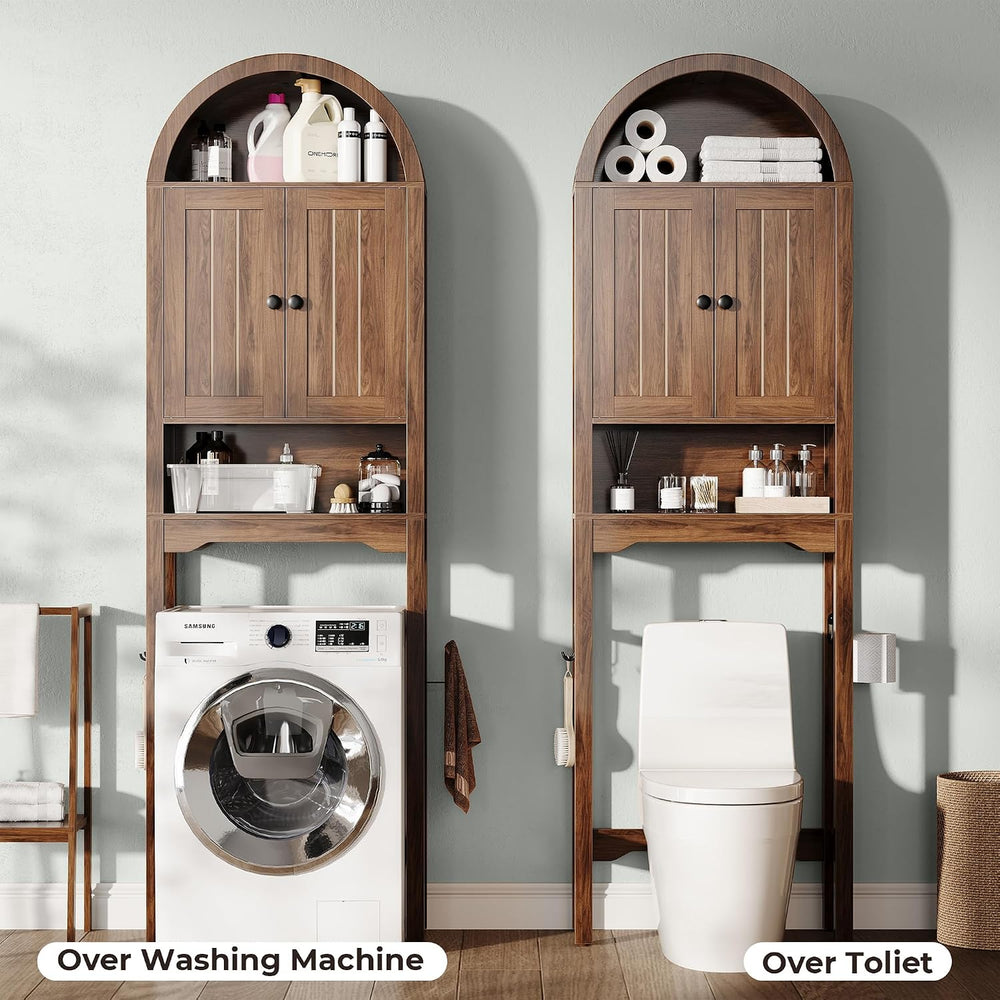 Arched Over the Toilet Storage Cabinet with Fluted Doors, Wood, Walnut