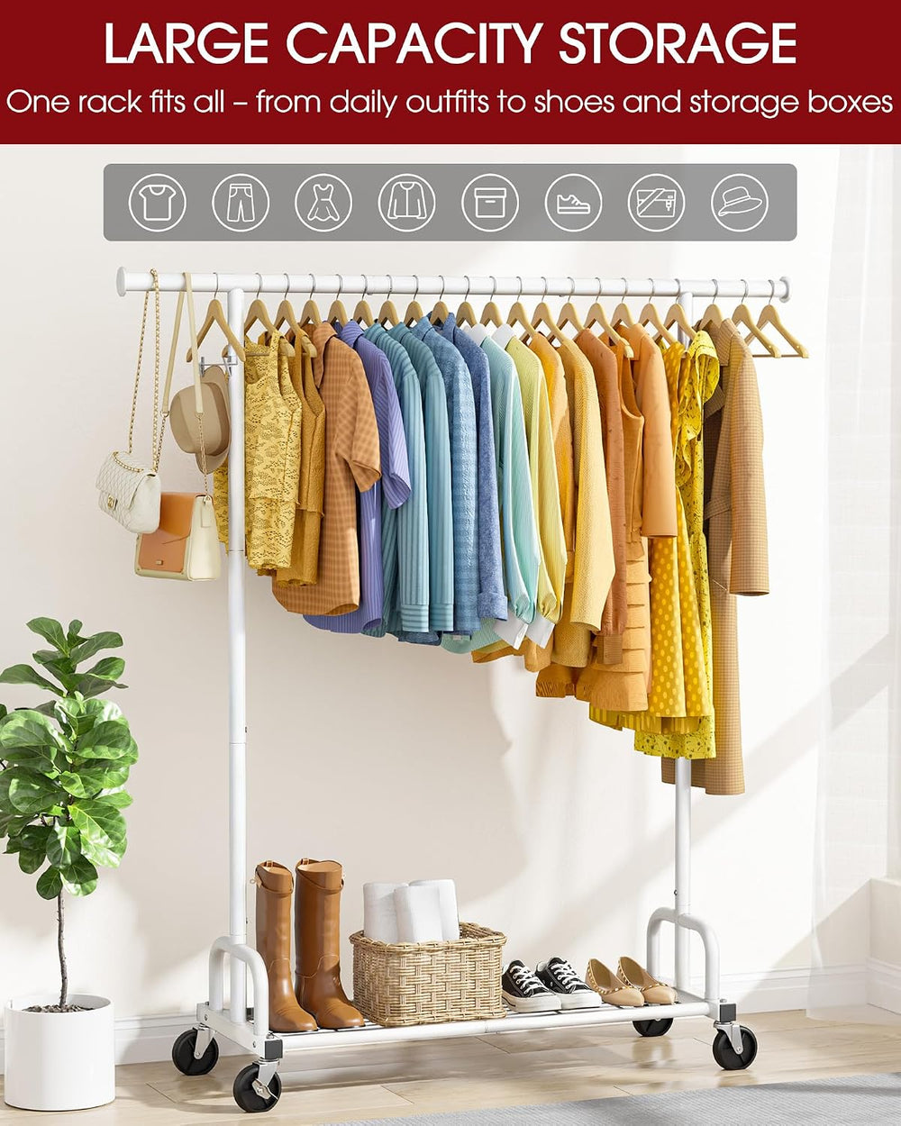 Rolling Clothes Rack with Shoe Shelf, 45.6" x 16.9" x 59", White