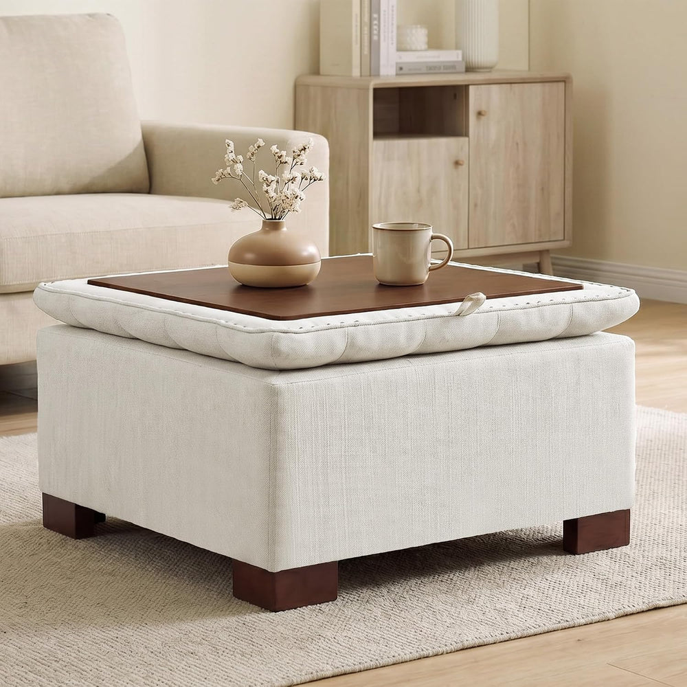 24 Inch Square Storage Ottoman Coffee Table, Modern Tufted Upholstered Ottoma...
