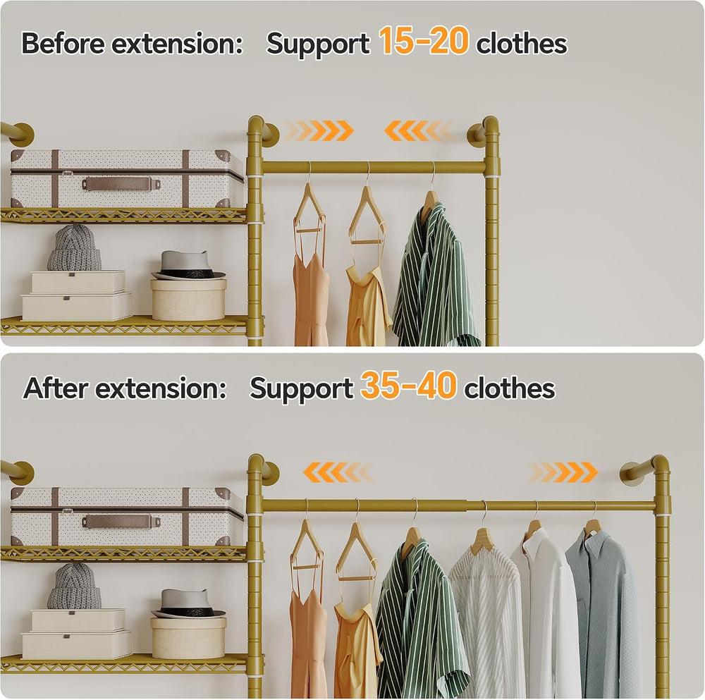 Higeego W4 Wall Mounted Clothes Rack, Industrial Pipe Clothing Rack, Gold