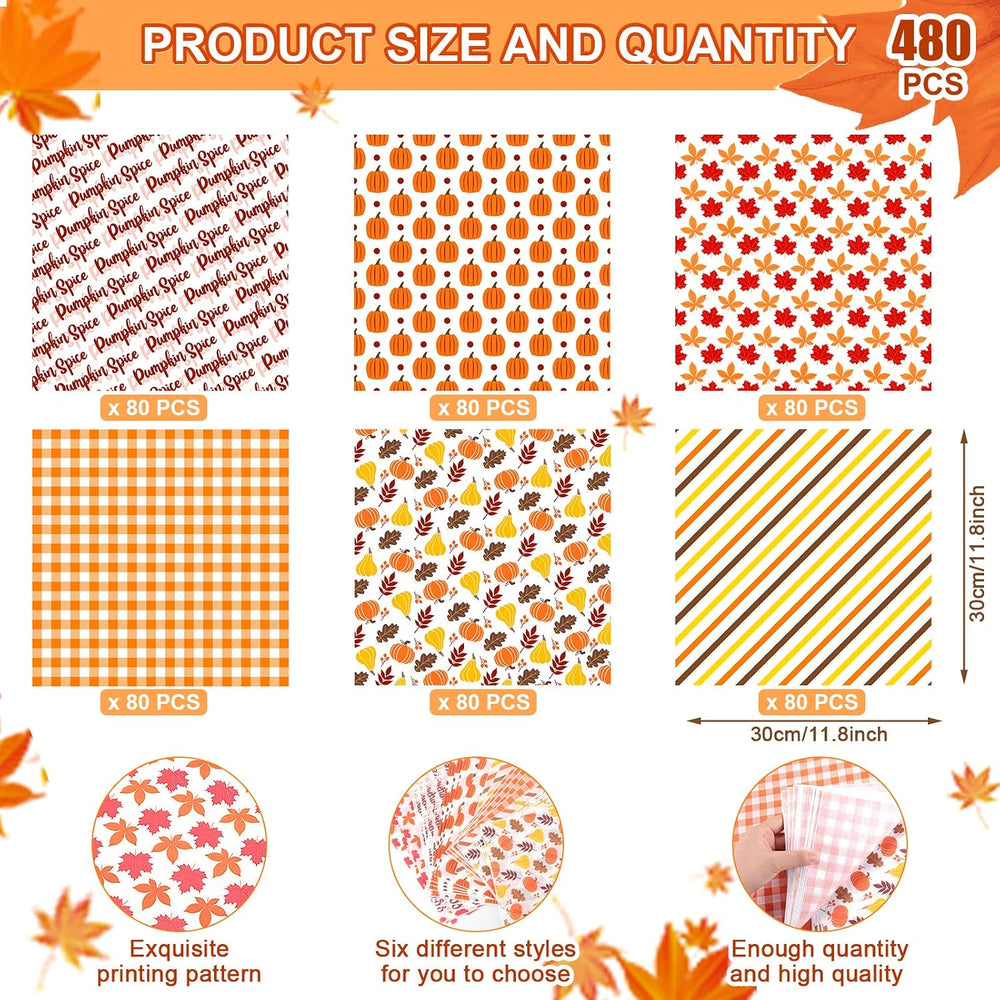 480Pcs Fall Wax Paper Dry Waxed Deli Paper Sheet 12x12 inch Sandwich Wrap Pum...