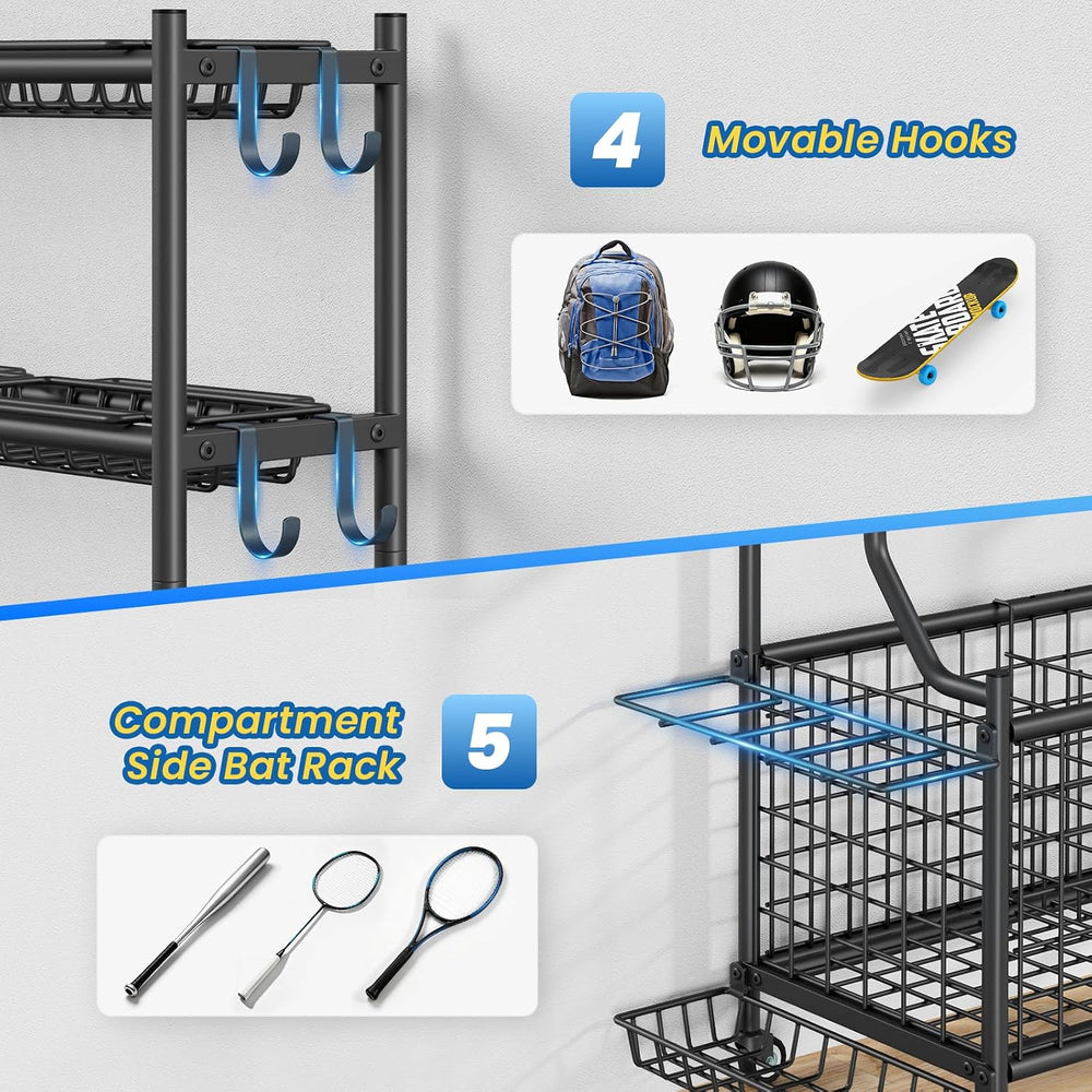 Garage Sports Equipment Organizer with Wheels, All-in-One Ball Storage