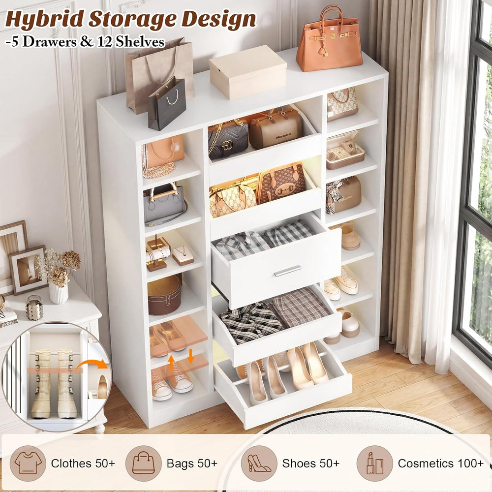 Besiost 40" Closet System with Lights, Wood Closet Organizer with 5 Drawers