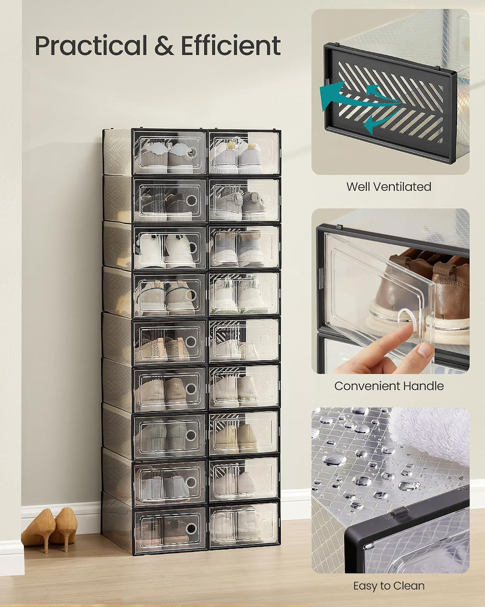 SONGMICS Stackable Shoe Boxes, Foldable, Ventilated Clear, Set of 18
