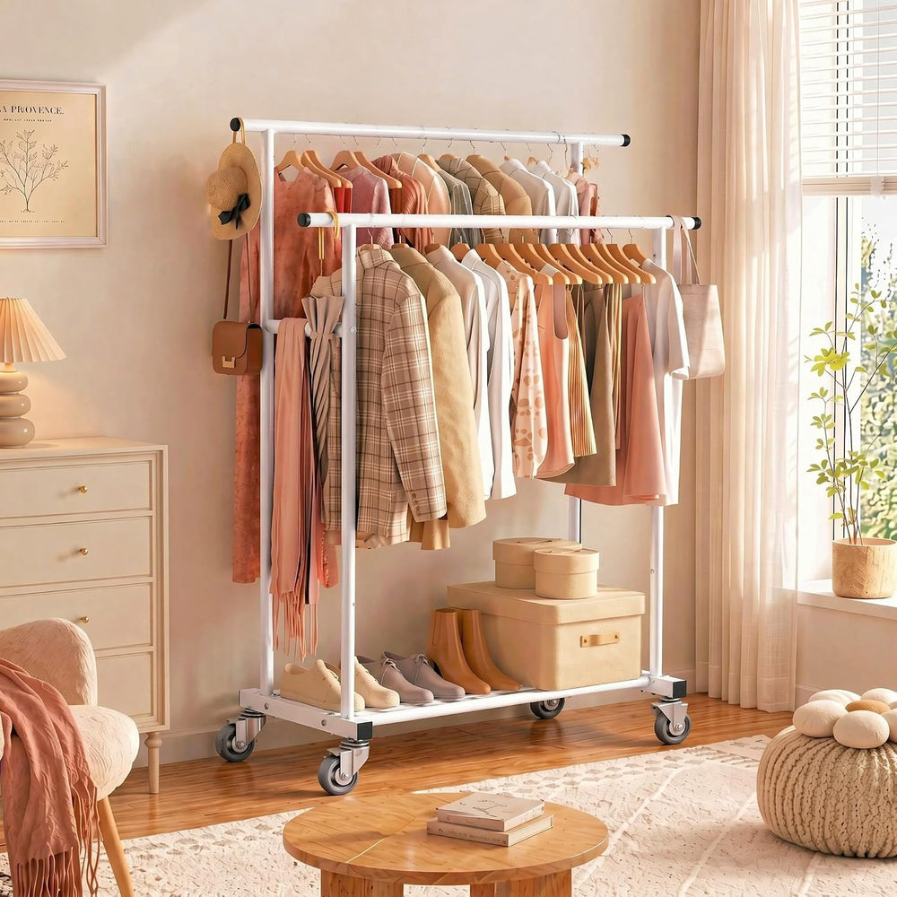 Calmootey Rolling Garment Rack, Sturdy Clothes Organizer for Bedroom