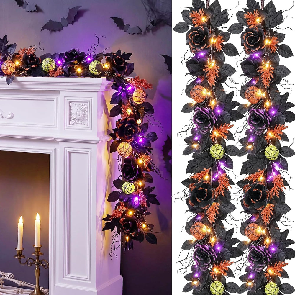 6FT Pre-Lit Halloween Garland with Lights, 2Pcs Black Rose Garland