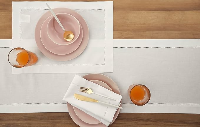 Solino Home White Table Runner 60 Inches - Cotton Linen Hemstitch Coffee Tabl...