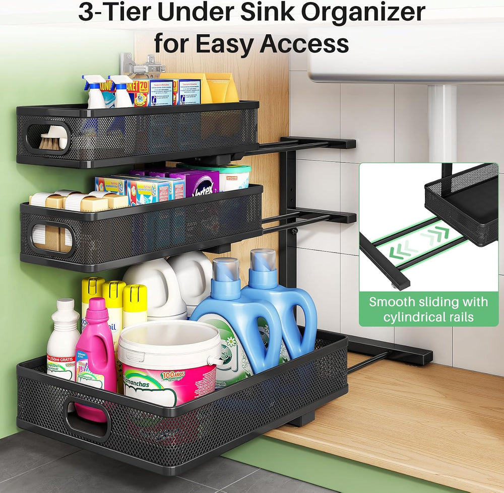 Kitstorack Under Sink Organizer, 2-Pack 3-Tier Height Adjustable Thickened Me...