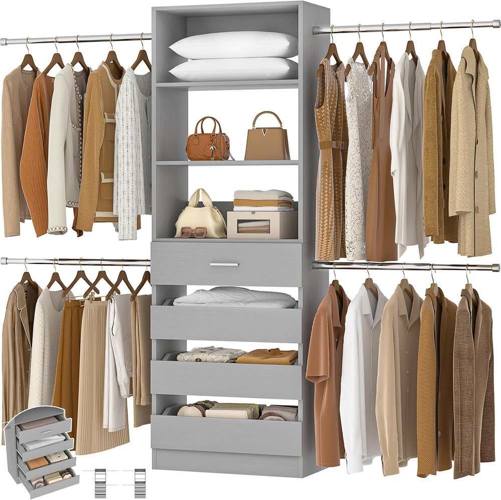 Aheaplus Closet System, 4-9Ft Closet Organizer with 4 Wooden Drawers, Grey