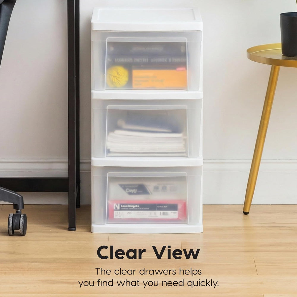 IRIS USA 3-Drawer Slim Narrow Storage Organizer, 2-Pack, White/Clear