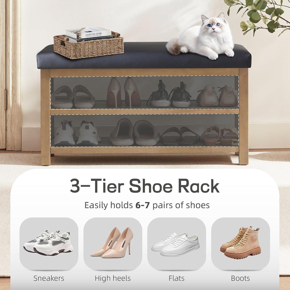 Zihanhome Shoe Rack Bench with Leather Cushion, 2 Tier Solid Wood Storage Ben...