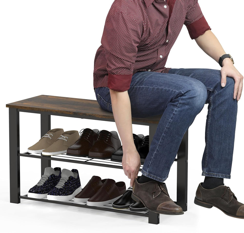 Simple Houseware Wooden Top Shoe Rack Bench for Entryway, Rustic Brown