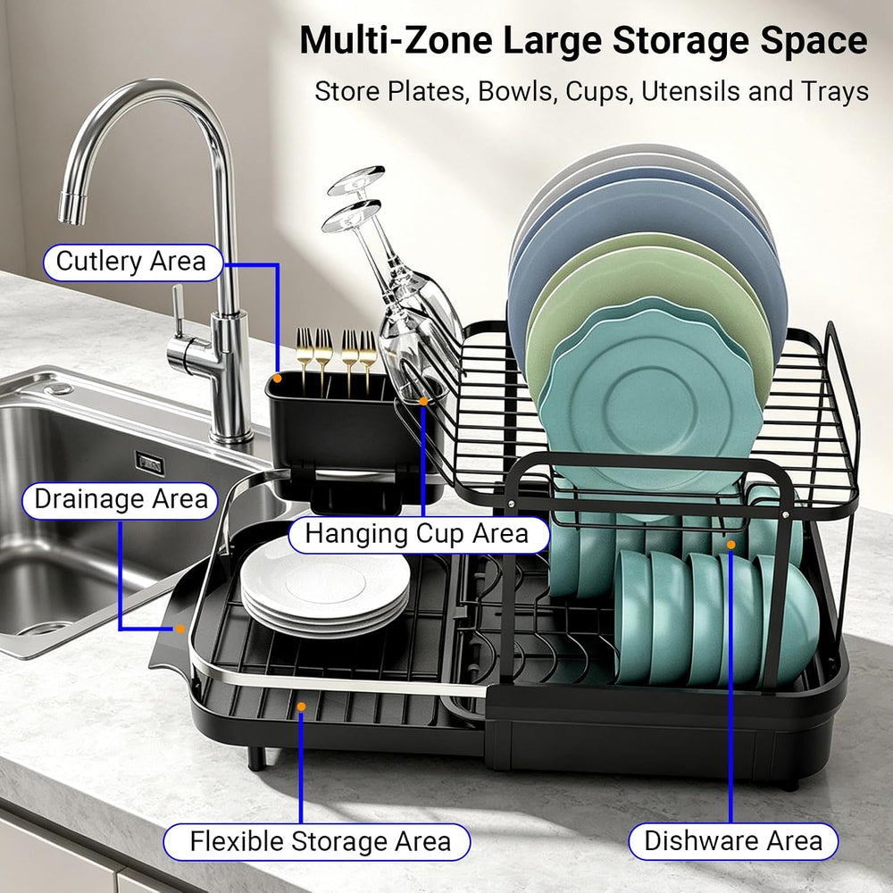 Dish Drying Rack for Kitchen Counter, Expandable 2-Tier Dish Drainer
