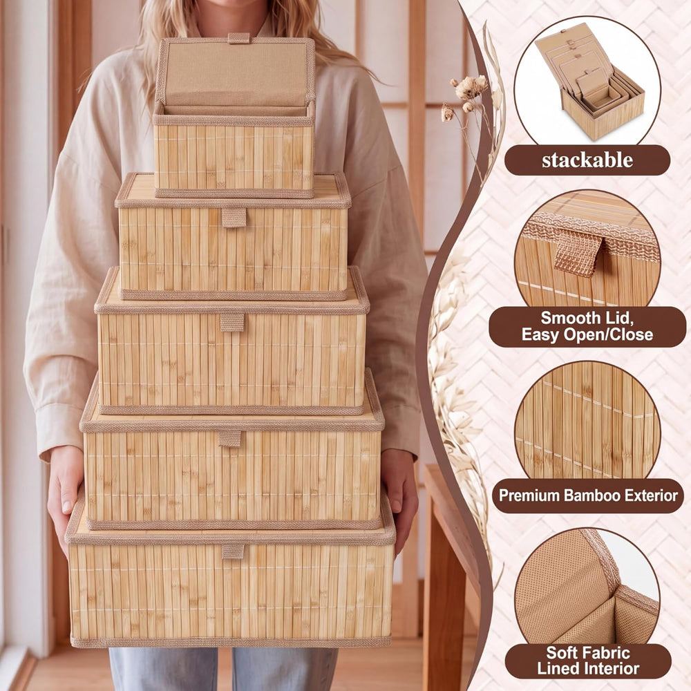Newtay Set of 5 Large Bamboo Decorative Storage Boxes with Lids