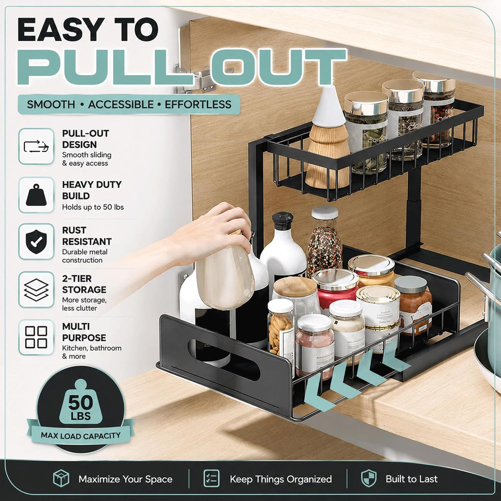 2-Tier Under Sink Organizer, Pull-Out Cabinet Storage Rack, Black, Adjustable...