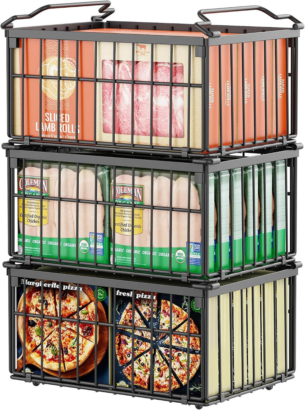 Freezer Organizer Bins, 3 Pack Enlarged Baskets for 5-9 Cu.FT Deep Freezer