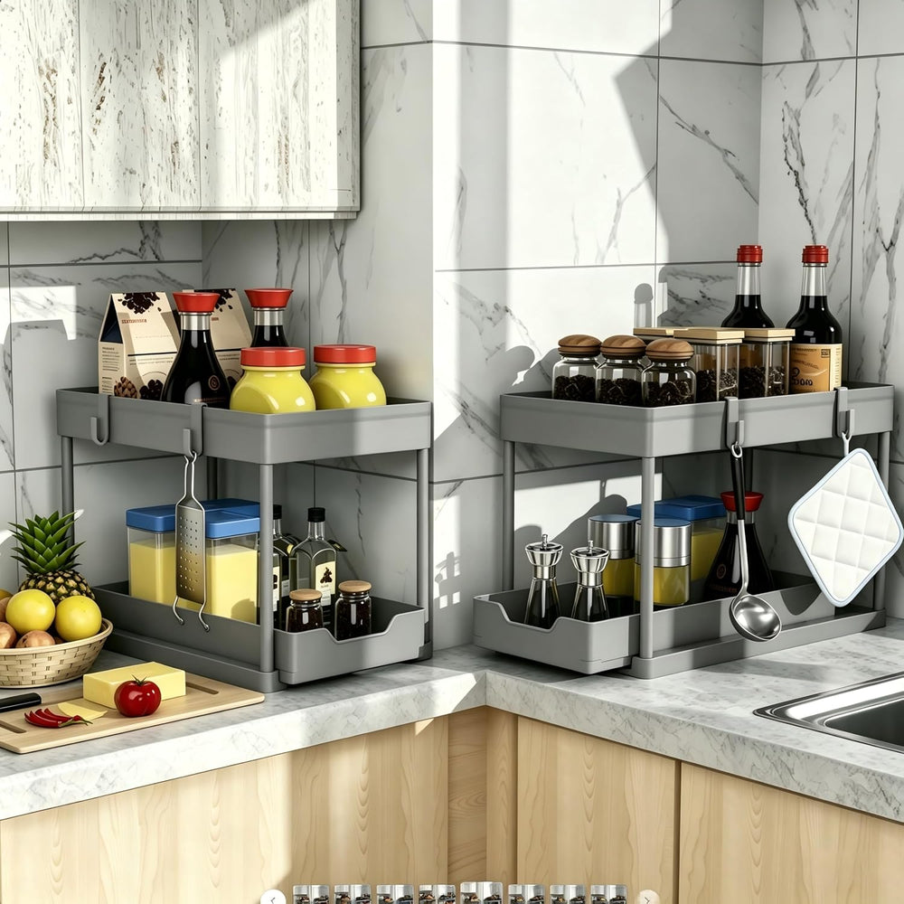 DEKAVA 2 Pack Under Sink Organizer, 2-Tier Sliding Cabinet Basket, Grey