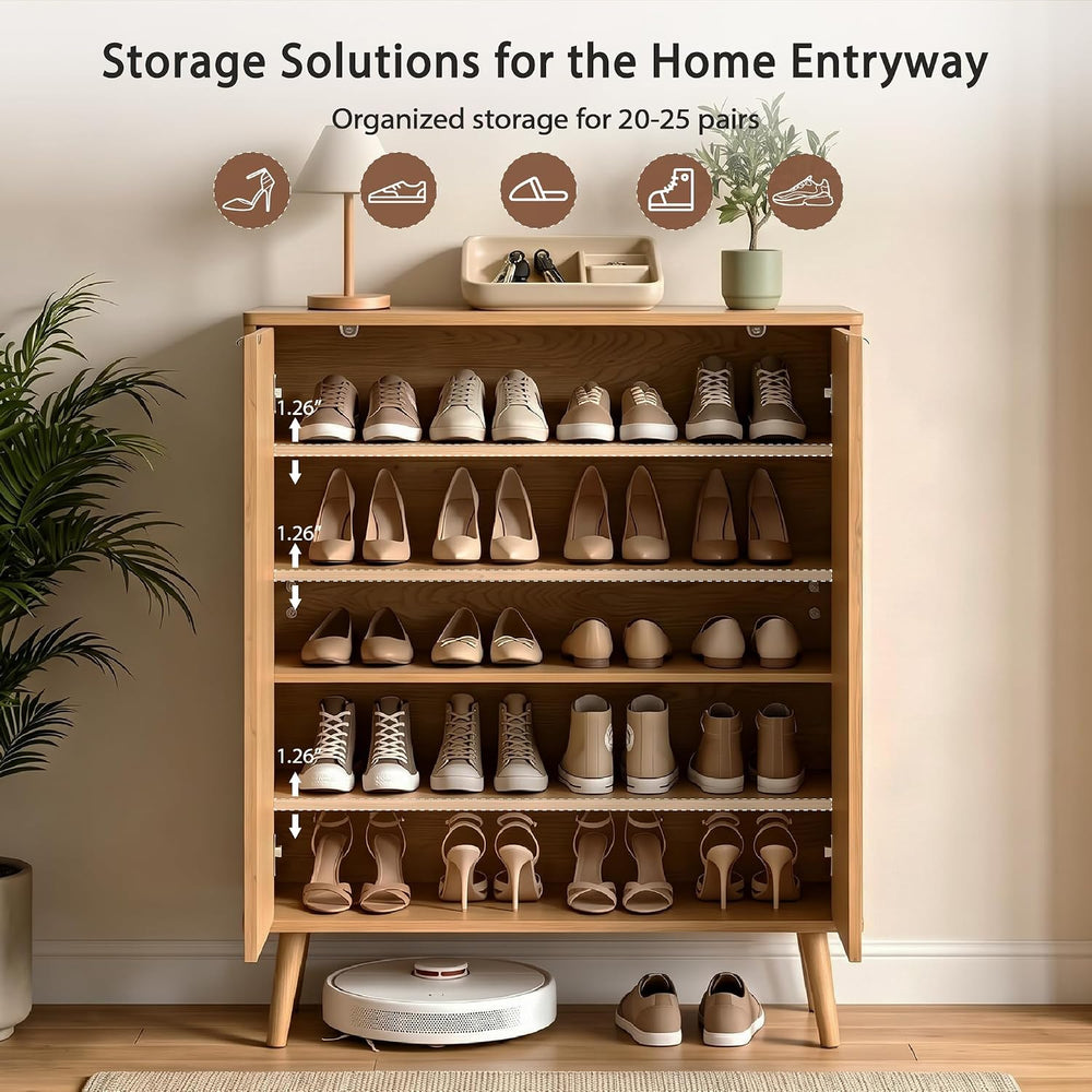 5-Tier Shoe Storage Cabinet with Adjustable Shelves, Light Oak