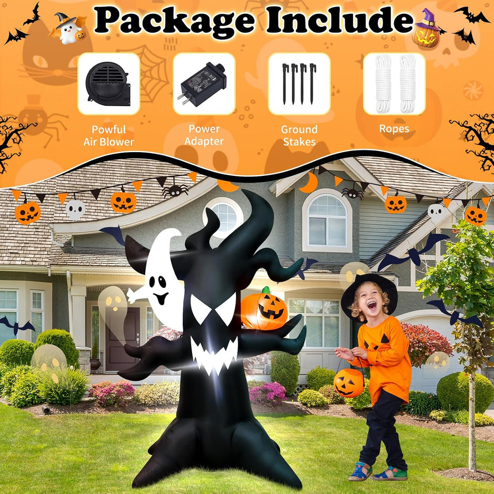 6ft Haunted Tree Inflatable Ghost & LED Pumpkin, Halloween Yard Decor