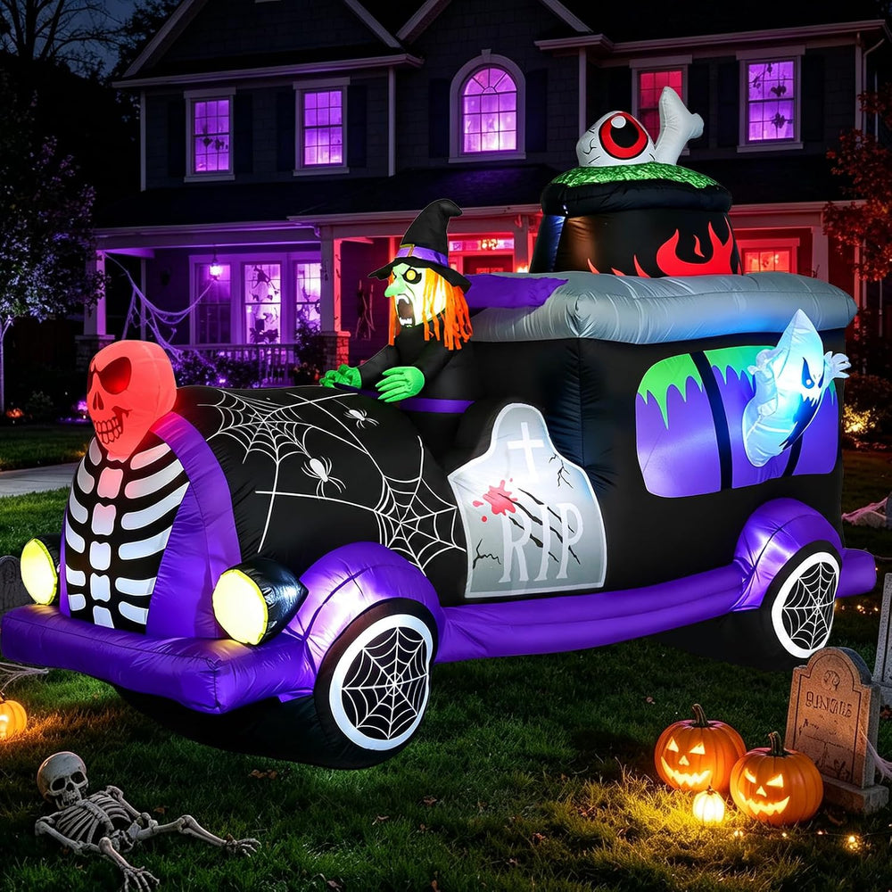 8FT Halloween Inflatables Witch Hearse with Ghost Skeletons Outdoor Decor